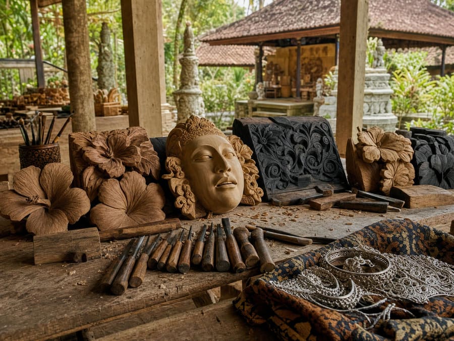 A Balinese craft workshop bench: half-finished wood carvings and a mask in progress, chisels and mallets laid out in a row, and a cloth of fine silver filigree jewellery beside them.