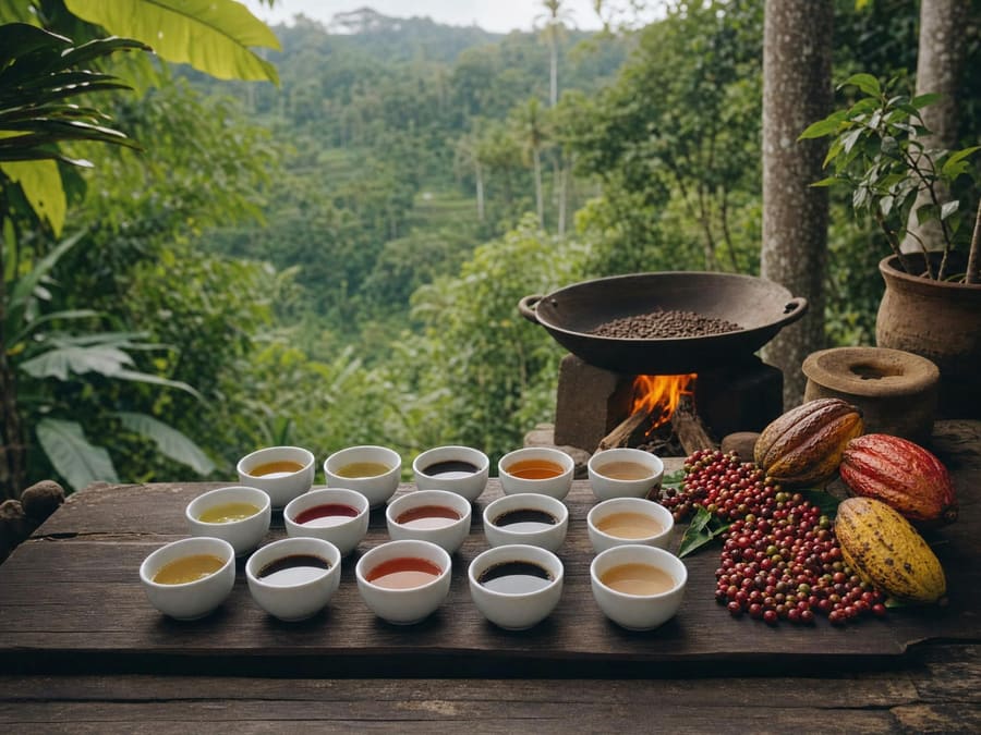 A coffee plantation tasting flight on a dark wooden board above a jungle valley — a dozen small cups of coloured coffees and teas, with red coffee cherries and cacao pods beside them.