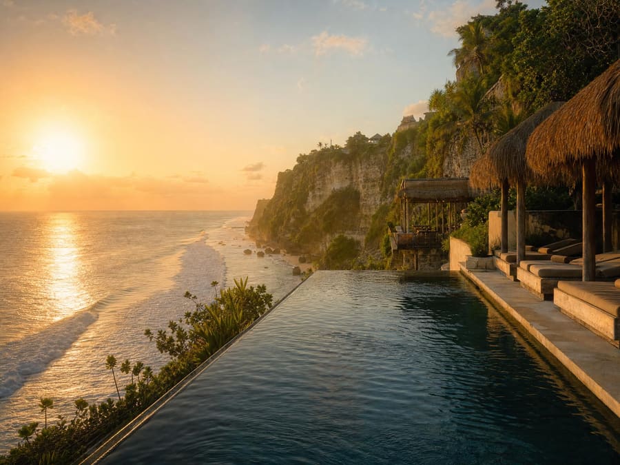 A clifftop infinity pool at golden hour above Melasti, its edge appearing to spill into the Indian Ocean, with empty day beds and thatched cabanas along the terrace.