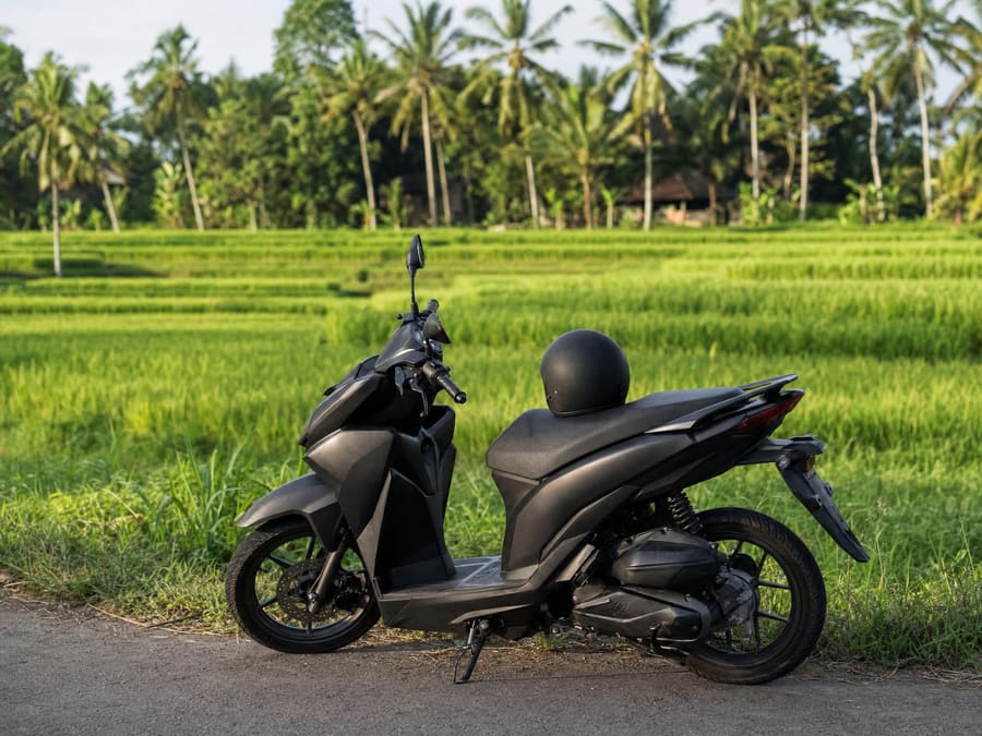 A plain matte helmet resting on the seat of a clean automatic scooter parked beside a rice field.