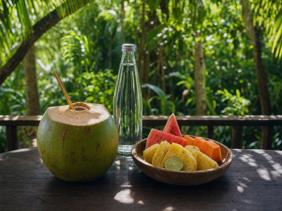 A young green coconut opened with a straw and a sealed bottle of water on a dark wooden table beside a bowl of cut tropical fruit.