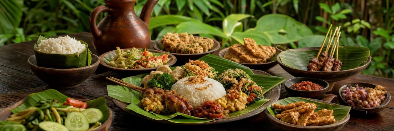 A Balinese meal laid out on banana leaves: nasi campur with satay skewers, sambal, urap vegetables, fried tempeh and steamed rice in small bowls, with a clay water jug behind.