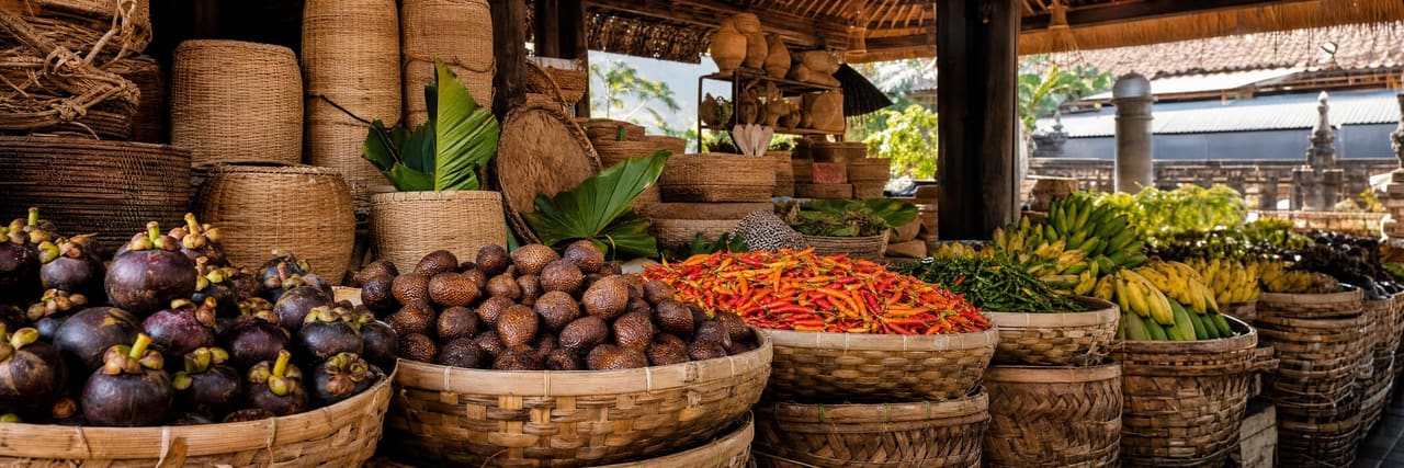 A traditional Balinese produce market in the morning: baskets of mangosteen, snake fruit, chillies and bananas in orderly rows under a shaded roof.